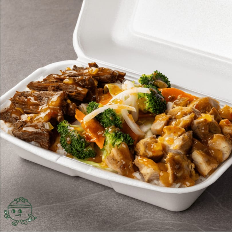 B & C Teriyaki's teriyaki chicken and beef with rice and vegetables in a takeout container.
