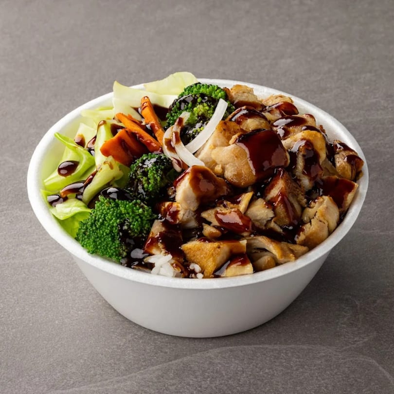 B & C Teriyaki chicken bowl with broccoli, carrots, cabbage, and teriyaki sauce.